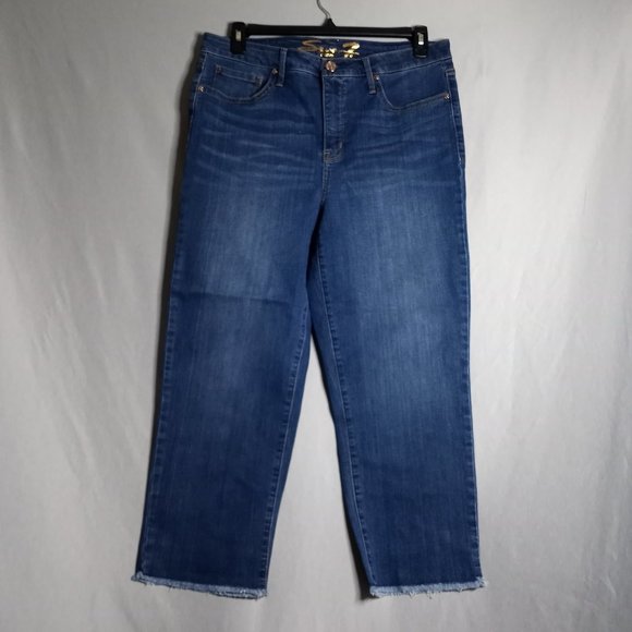 Seven7 Women's Tower Straight Cropped Frayed Hem Medium Dark Wash Jeans Size 14 - Picture 3 of 9